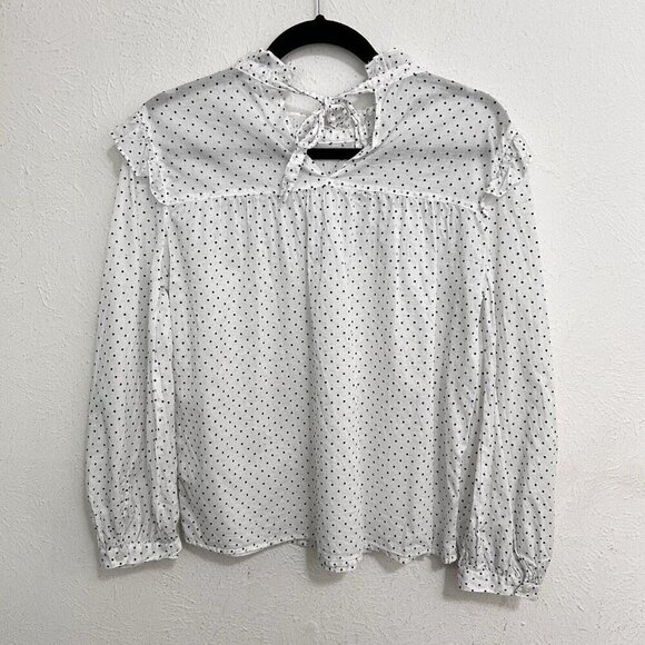 MADEWELL Women’s Mock Neck Ruffle Top in Flocked Dot White Black Polka Dot Sz S - Picture 7 of 11